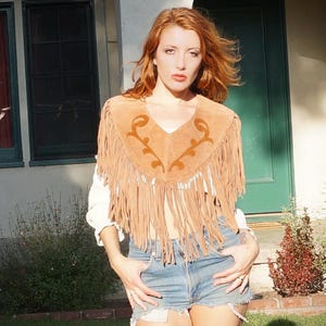 1970s Suede Fringe Poncho / 70s Suede Capelet / 70s Western Poncho