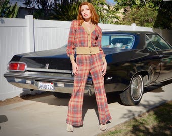 1970s Women’s Plaid Pantsuit / 70s Plaid Pants Set / 1970s Plaid Bellbottoms and Jacket Set