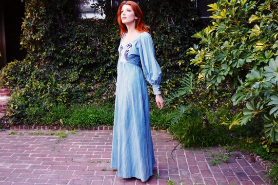 1970s Bishop Sleeves Maxi Dress / 1970s Chambray … - image 2