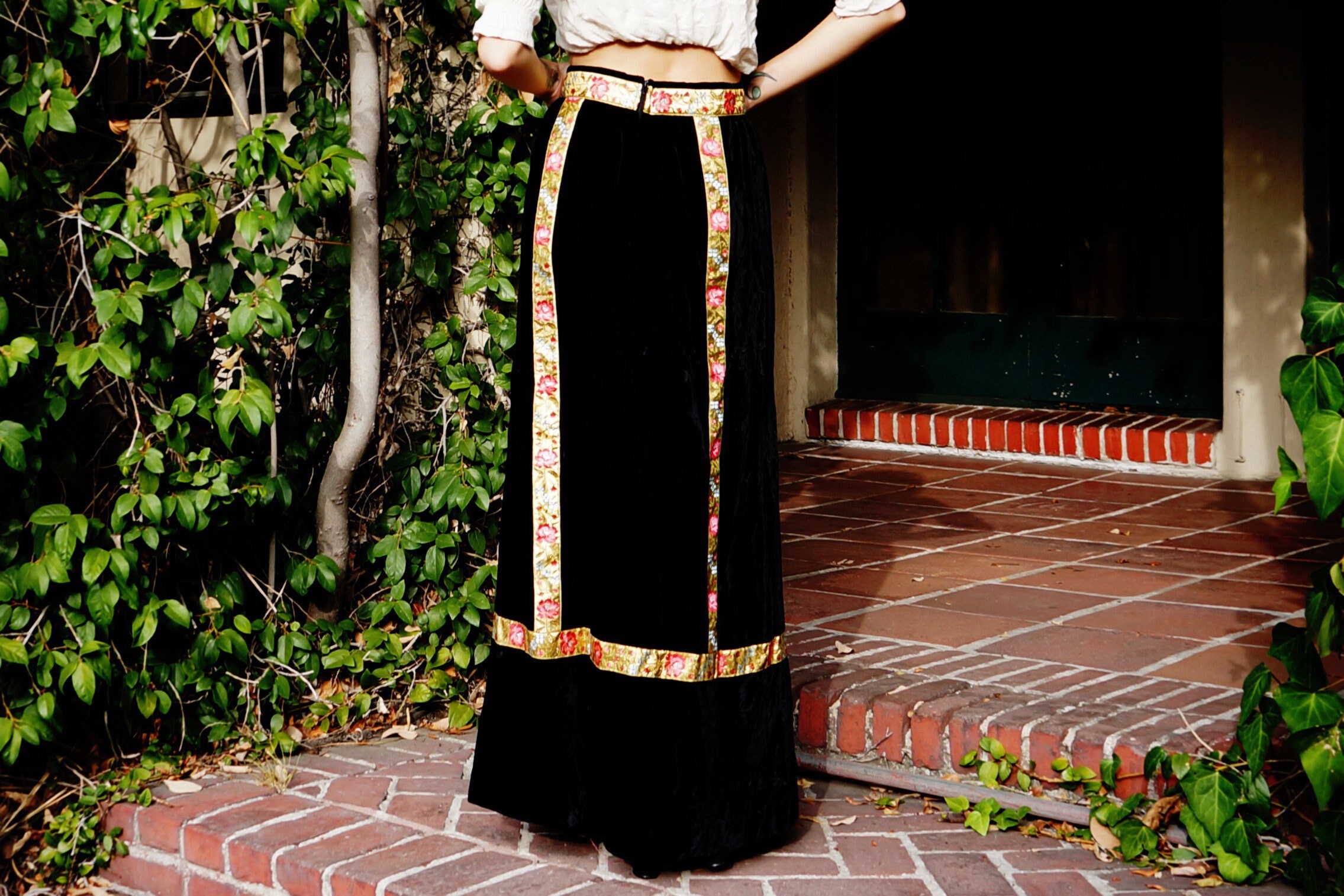 1970s Black Velvet Maxi Skirt With Jacquard Trim / 1970s
