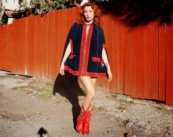 1960s Red and Navy Blue Suede Cape / 1960s Two Tone Suede Cape / 1970s Suede Poncho