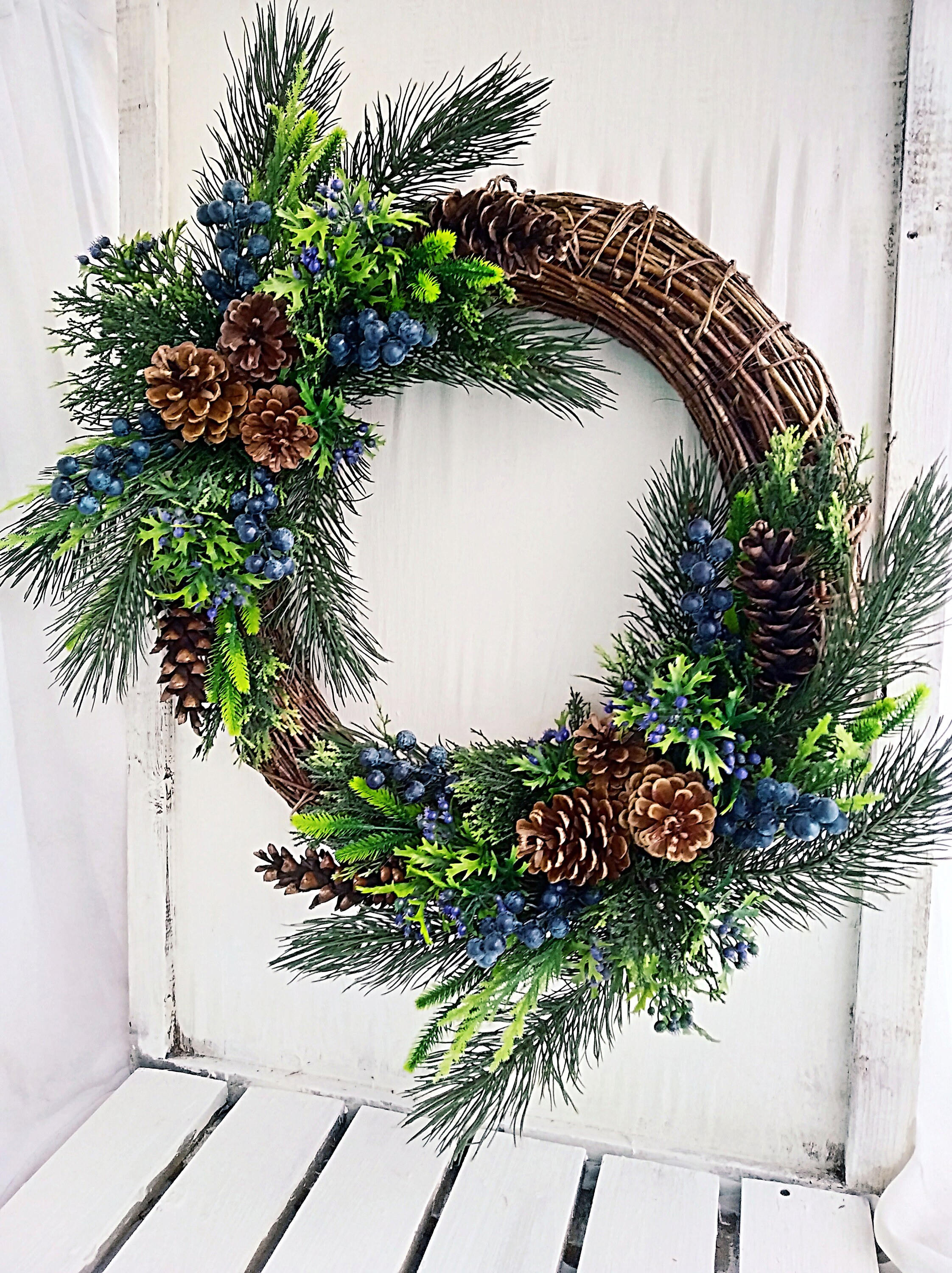Winter Blue Berry Floral Pinecone Berry Large front Door Rustic Cottagecore Outside Home Porch Decor Wreath