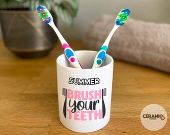 Teeth Toothbrush Pot, Personalised Children’s Brush Your Teeth Toothbrush Holder, Custom Kids Bathroom Organiser, Kids Toothbrush Storage