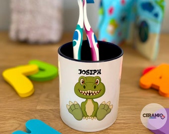 Dinosaur Toothbrush Pot, Personalised T-Rex Bathroom Pot, Custom Childrens Brachiosaurus Dental Care, Kids Name Pterodactyl Bathroom Storage
