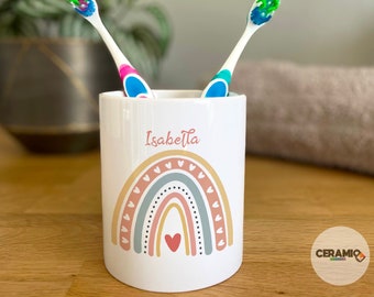 Boho Rainbow Toothbrush Pot, Personalised Natural Rainbow Toothbrush Holder, Custom Kids Bathroom Decor, Children’s Name Rainbow Organiser