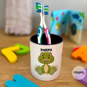 Dinosaur Toothbrush Pot, Personalised T-Rex Bathroom Pot, Custom Childrens Brachiosaurus Dental Care, Kids Name Pterodactyl Bathroom Storage