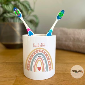 Boho Rainbow Toothbrush Pot, Personalised Natural Rainbow Toothbrush Holder, Custom Kids Bathroom Decor, Children’s Name Rainbow Organiser