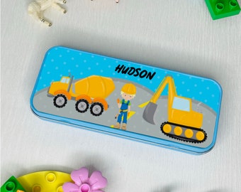 Digger Pencil Tin, Personalised Name Pencil Case, Children's Construction Worker Pencil Case, Kids Fun Stationery Tin, Back to School