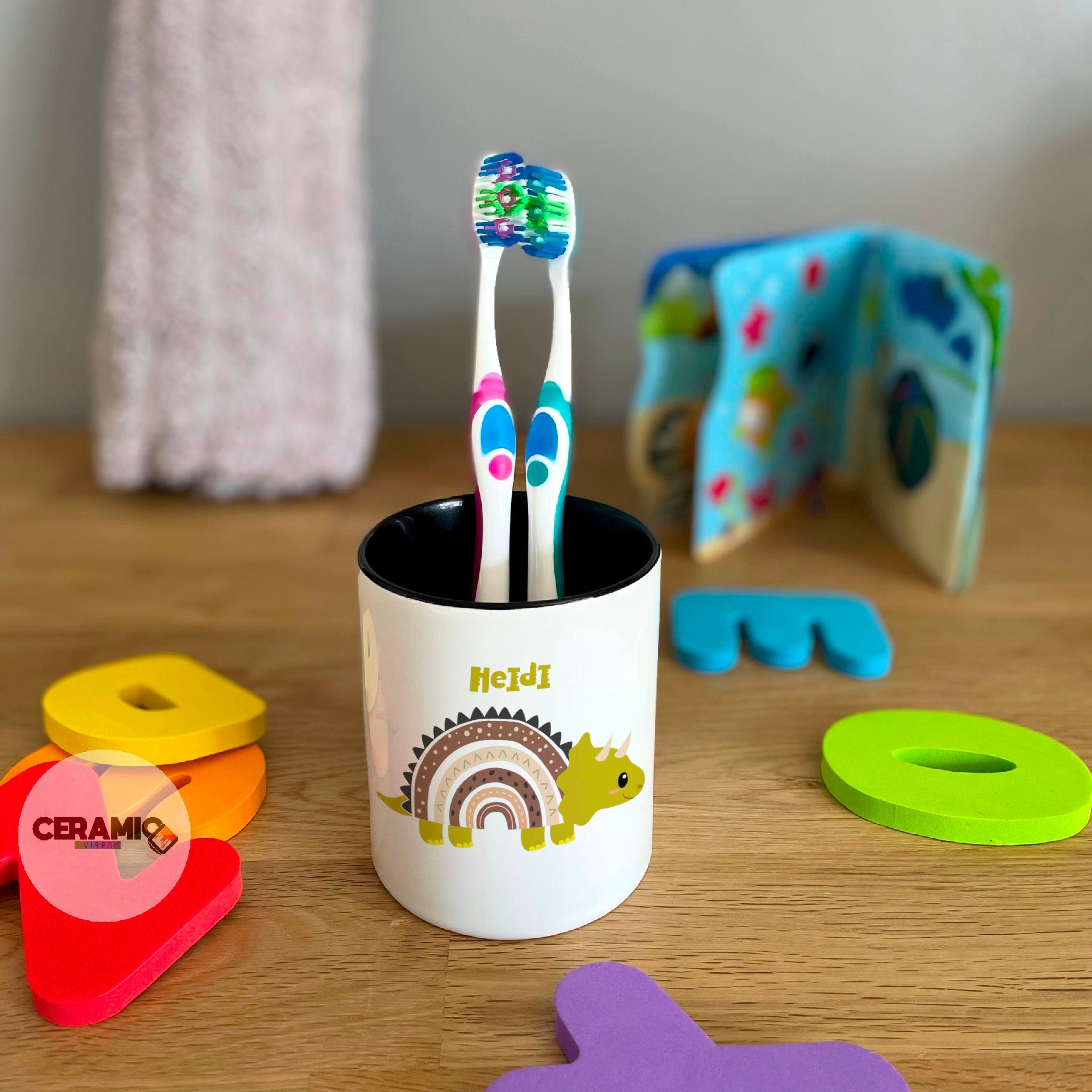 Dinosaur Rainbow Toothbrush Pot, Personalised Dino Rainbow Toothbrush Holder,  Custom Kids Bathroom Decor, Childrens Name Rainbow Organiser 