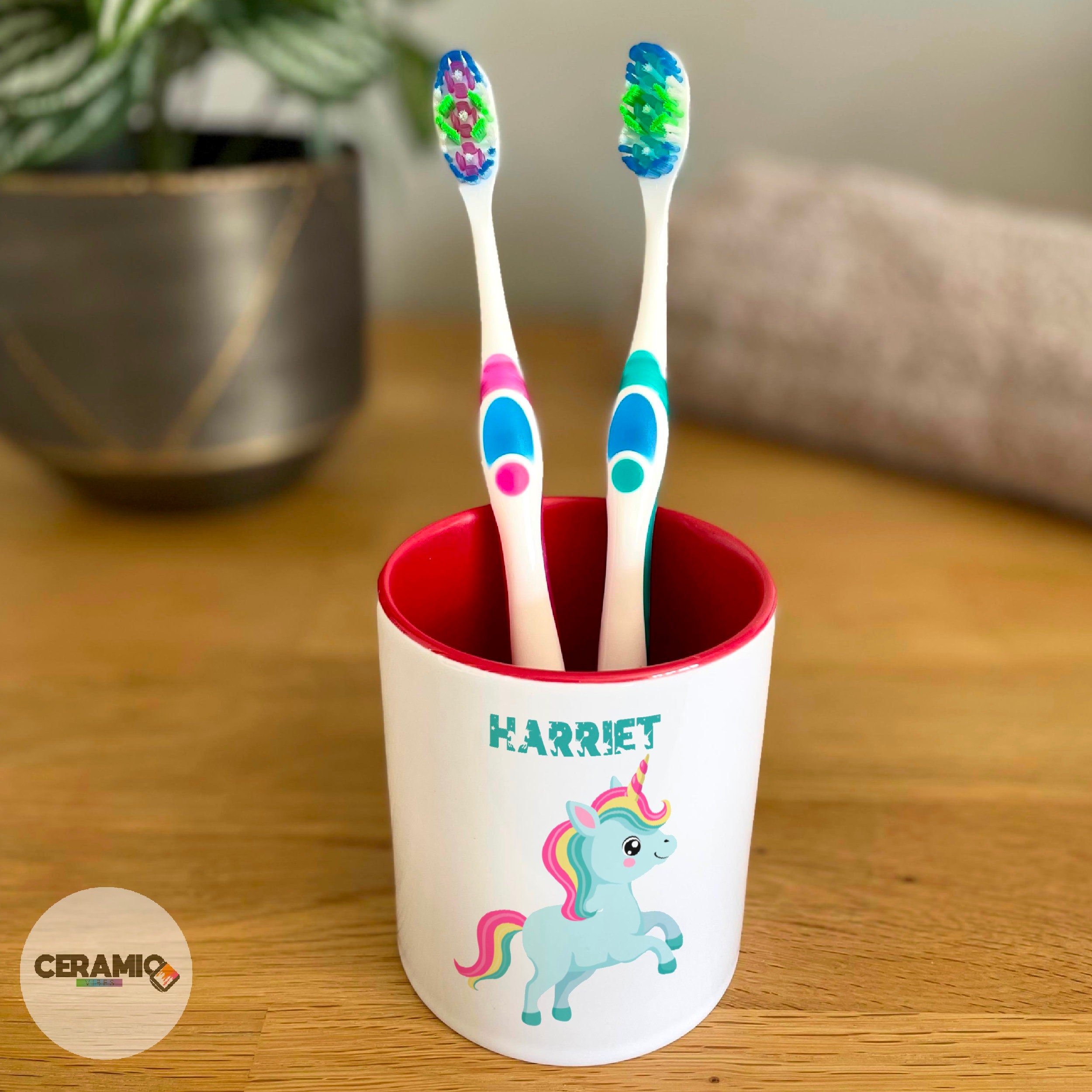 Unicorn Toothbrush Pot, Choice of 3 Unicorns Personalised Toothbrush