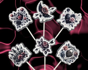 Gothic Valentine Cupcake Toppers - Dark Romance Rose Cake Decorations - Moody Wedding Decor