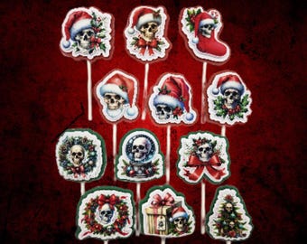 Gothic Christmas Cupcake Toppers | Creepy Kitsch Skull Cake Decor | Nightmare Holiday Party Supplies | Set of 12