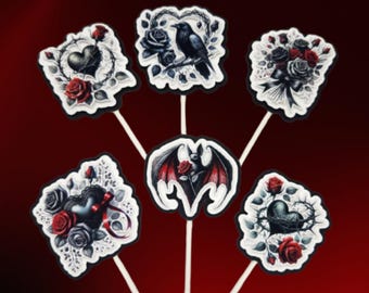 Dark Romantic Gothic Valentine Cupcake Toppers | Gothic Roses & Bats | Spooky Valentine Party Decor | Goth Love Cupcake Picks