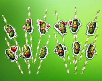 Green Pickle Straw Toppers | Funny Pickle Party Decor | Cute Drink Toppers