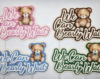 We Can Bearly Wait Teddy Bear Cake Topper, Neutral Baby Shower Decor