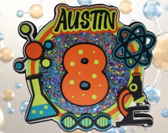 Personalized Science Cake Topper | Orange Glitter Shaker Age Number | Mad Scientist Birthday Decor | Totally Rad-iant STEM Party Topper