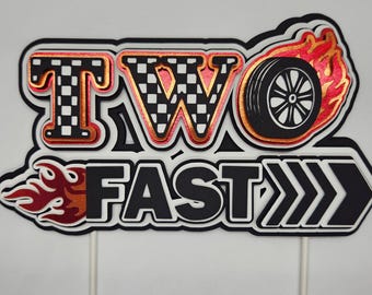 LeeLeeAn Two Fast Birthday Cake Topper - Race Car Theme 2nd Birthday Party Decoration, 6 Inch X 6 Inch, Checkered Flag, 'TWO FAST' Sign, Gold Glitter Cardboard, 1 Count - View #2