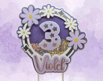 Lavender Purple Shaker Cake Topper, Personalized Birthday Cake Decoration, Floral Number Topper, Glitter Birthday Decor, Any Age Cake Topper