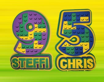 Building Block Number Cake Topper | Custom Name & Age | Colorful Birthday Party Decoration | Brick-Inspired Cake Topper