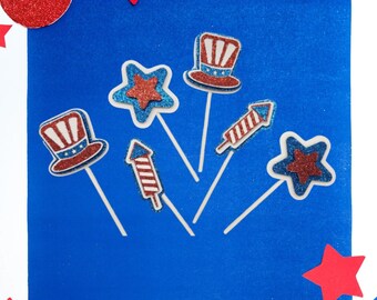 4th of July Cupcake Toppers | Patriotic Fireworks & Stars Party Picks