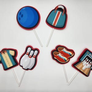 Bowling Themed Cupcake Toppers – Set of 6 Unique Designs Bowling Party Decor Strike Birthday Cupcakes