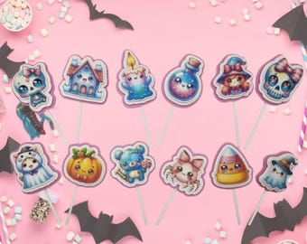 Kawaii Pink Halloween Cupcake Toppers | Spooky Cute Party Decor | Pastel Goth | 12 Unique Chibi Designs