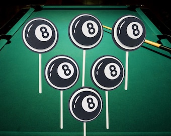 8 Ball Cupcake Toppers | Pool Party Decorations | Billiards Theme Birthday Decor | Game Night Cupcake Picks | Sports Party Supplies