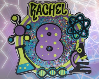 Personalized Science Cake Topper | Purple Glitter Shaker Age Number | Mad Scientist Birthday Decor | Element-ary STEM Party Magic