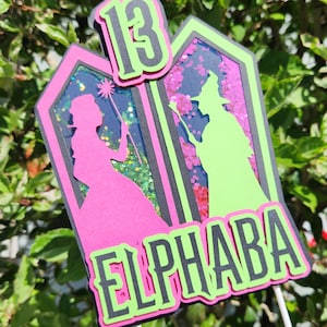 Witch-Themed Pink Green Custom Shaker Cake Topper Party Decor