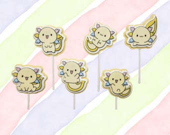 Kawaii Axolotl Cupcake Toppers - Yellow Rainbow Party Decor