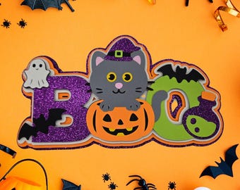 Halloween Birthday Cake Topper, Spooky Cat and Pumpkin Cake Decoration, Ghost & Bat Glitter Birthday Party Decor, Boo Birthday Cake Topper