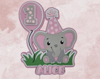 Pink Elephant Birthday Cake Topper, Personalized Any Age & Name, Baby Girl Party Decor, Elephant Theme Cake Topper