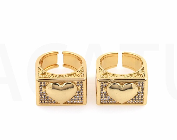 Square Rings, 18K Gold Filled Heart Rings, Micro Pavé CZ Signet Rings, Fashion Rings, Hip Hop Rings, Adjustable Rings