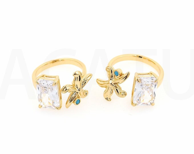 Square Ring, 18K Gold Filled Rectangular Ring, Micropavé CZ Starfish Ring, Adjustable Ring, Gold Split Ring, Gift For Her