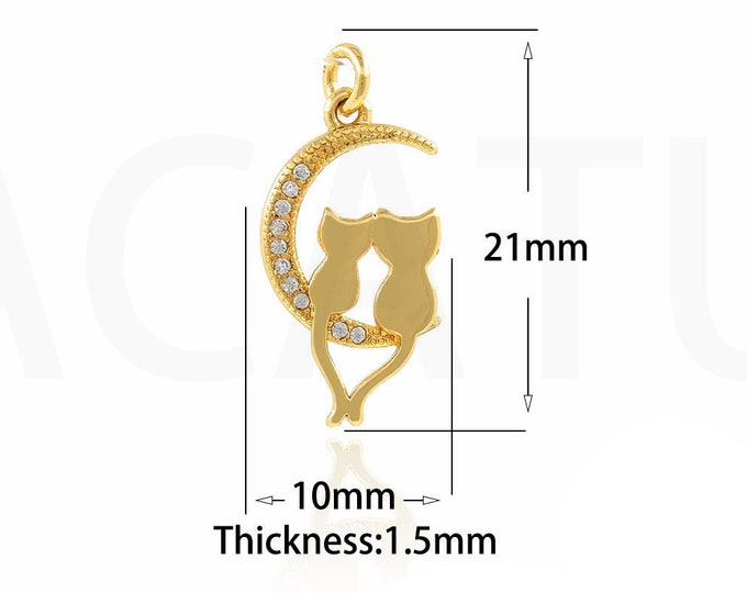 18K Gold Filled Moon Pendant,Gold Dainty CZ Cat Charm,Cat Charm Bracelet Necklace for DIY Jewelry Making Supply