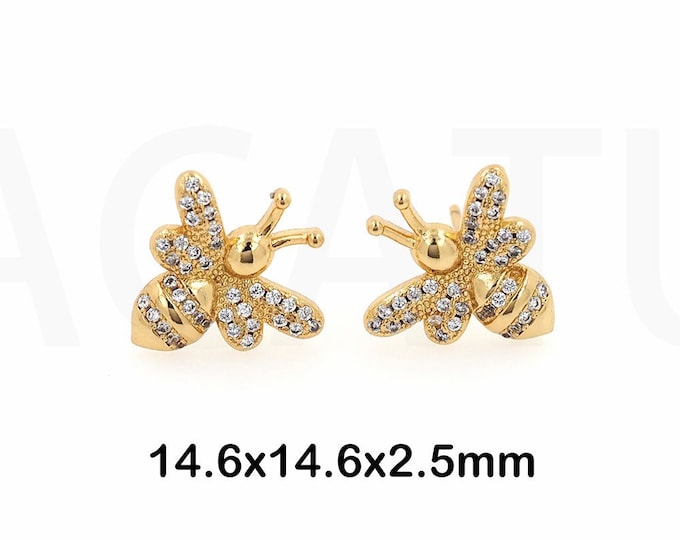 Bee Earrings, 18K Gold Filled Insect Earrings, Micro Pave CZ Bee Gift, Insect Charm, DIY Jewelry Supplies, 14.6x14.6x2.5mm