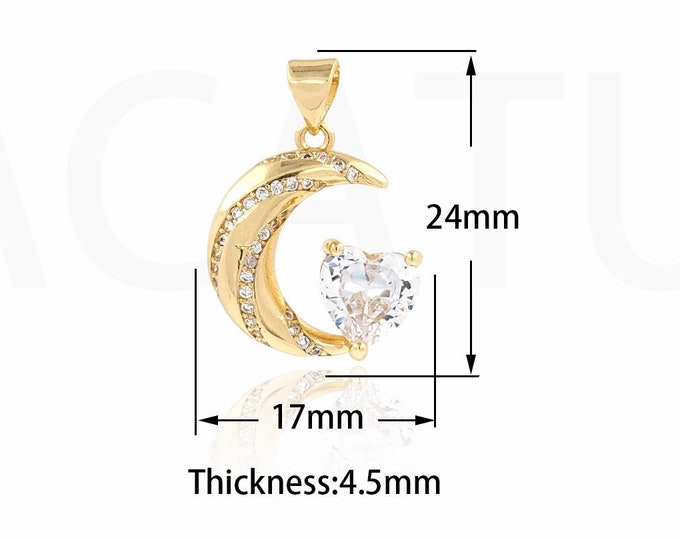 Crescent Moon Pendant, 18K Gold Filled Moon Heart Pendant, Heart Charm, Micropavé CZ Crescent Charm, DIY Jewelry Supplies, 24x17x4.5mm