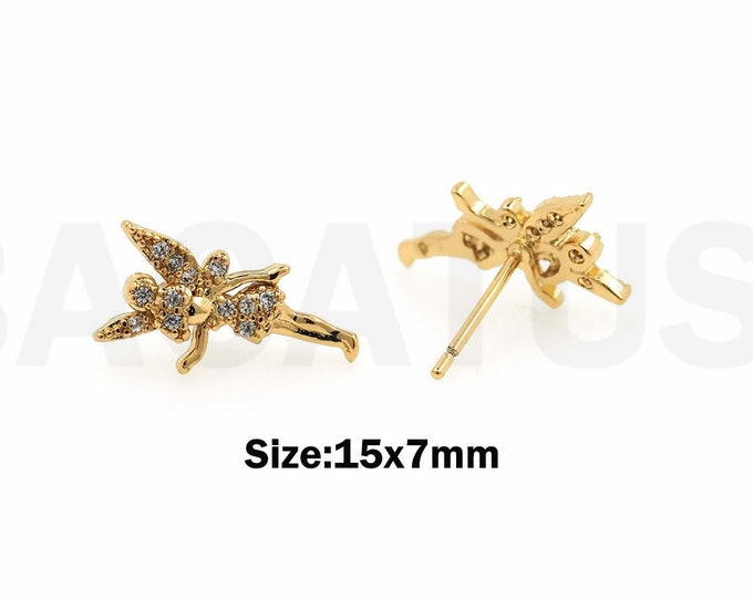 Elf Earrings, Micropavé CZ Figure Earrings, Pierced Earrings, 18K Gold Filled Elf Charm, Dainty Earrings, DIY Jewelry Supplies, 15x7mm