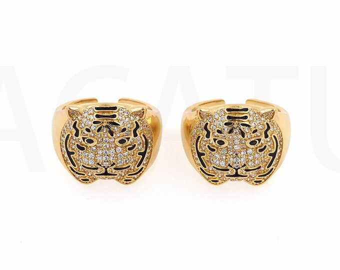Tiger Ring, 18K Gold Filled Adjustable Ring, Micropavé CZ Signet Ring, Animal Ring, King Ring,