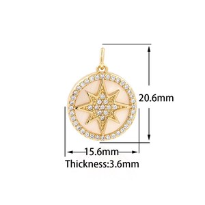 Colgante de concha, colgante redondo Micropavé CZ, encanto Polaris, colgante de estrella rellena de oro de 18 quilates, suministros de joyería DIY, 20.6X15.6X3.6mm