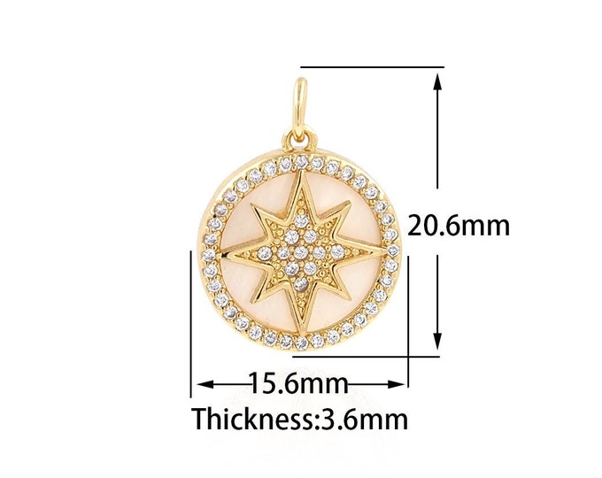 Shell Pendant, Micropavé CZ Round Pendant, Polaris Charm, 18K Gold Filled Star Pendant, DIY Jewelry Supplies, 20.6X15.6X3.6mm