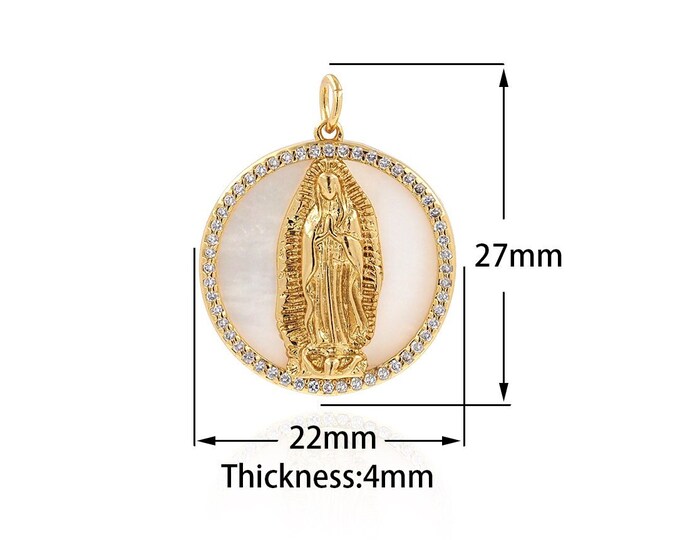 18K Gold Filled Circle Necklace,Our Lady Charm,Micropavé CZ Catholic Necklace,Mother of Pearl Pendant,Seashell Necklace,DIY Jewelry Supplies