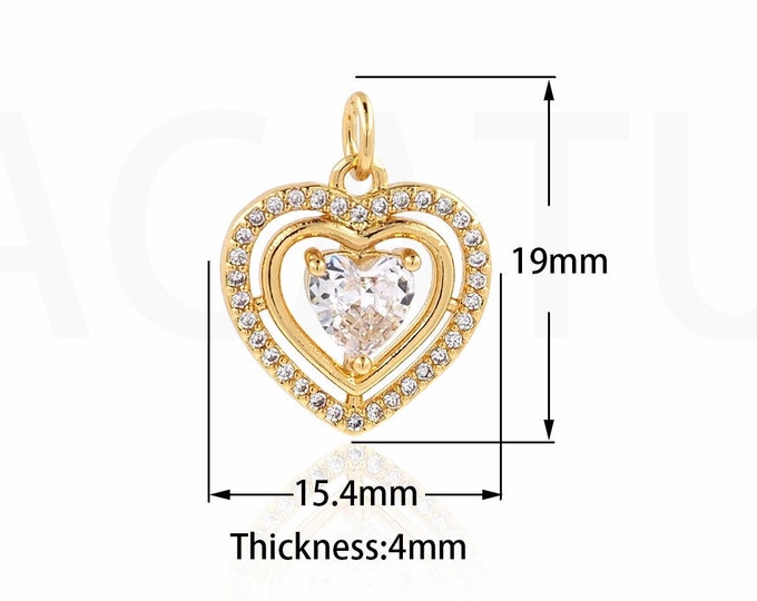 Heart-Shaped Pendant, Heart-Shaped Necklace, Micropave CZ Small Pendant,18K Gold Filled Love Bracelet, DIY jewelry Accessories,19x15.4x4mm