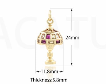 Light Pendant, Micropavé CZ Lamp Necklace, 18K Gold Filled Table Lamp Charm, Lamp Necklace, DIY Jewelry Supplies, 24x11.8x5.8mm