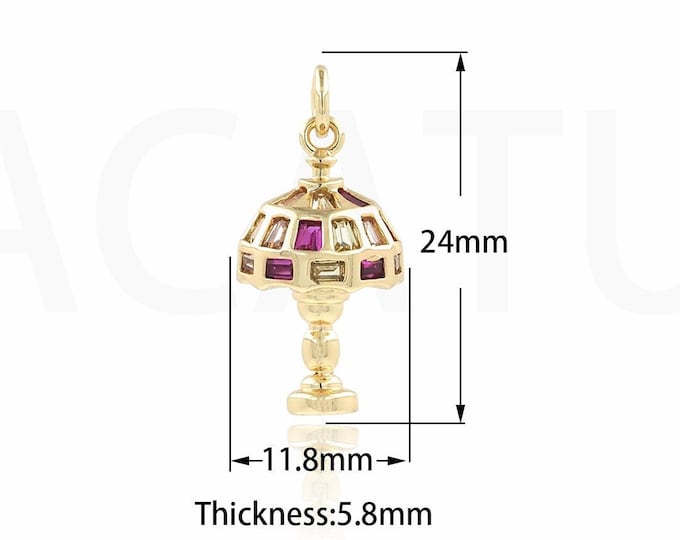 Light Pendant, Micropavé CZ Lamp Necklace, 18K Gold Filled Table Lamp Charm, Lamp Necklace, DIY Jewelry Supplies, 24x11.8x5.8mm