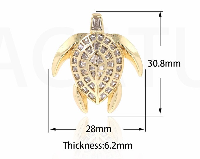 Micropavé CZ Gold Tortoise Necklace, Metal Tortoise, 18K Gold Filled Mini Tortoise Pendant, Marine Jewelry 30.8x28x6.2mm