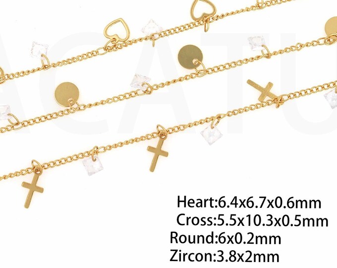 Heart Chain, Cross Chain, Blank Pendant Chain, 18K Gold Filled Gold Rollo Chain, MicroPave CZ Round Blank Chain,DIY Jewelry Supplies,