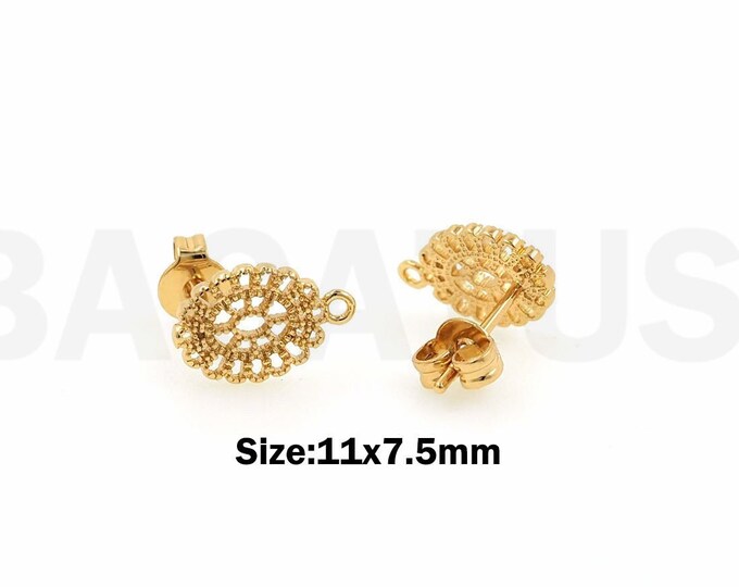 Filigree Earrings, Round Earrings, 18K Gold Filled Filigree Charm, Micro Pavé CZ Pierced Earrings, DIY Jewelry Supplies, 11x7.5mm
