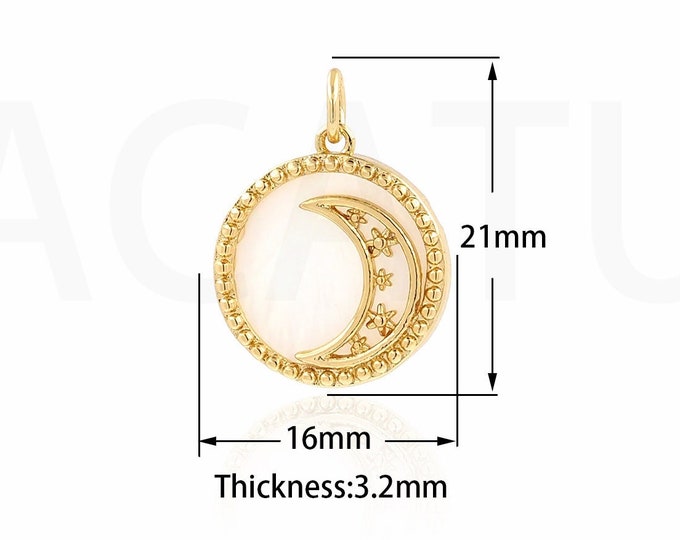 Moon Pendant, Shell Necklace, 18K Gold Filled Moon Necklace, Micropavé CZ Crescent Charm, DIY Jewelry Supplies, 16x21x3.2mm