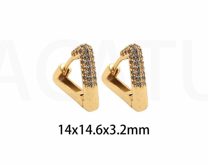 1 Pair  Triangle Hoop Earrings,Small Triangle Gold Earrings, Pierced Earrings, Single Row Of Zircons,Triangle Earrings 14x14.6x3.2mm